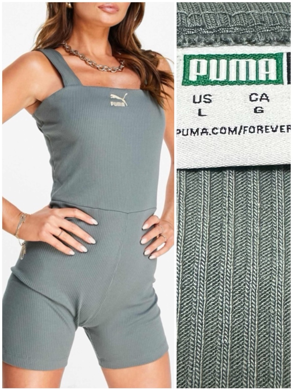 PUMA x ASOS Ribbed Unitard in Green Sage / Gold Embroidered Playsuit Romper